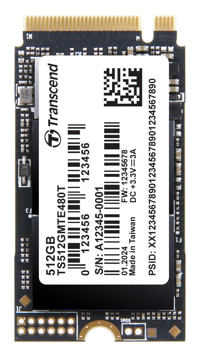 TRANSCEND TS512GMTE480T SSD, Internal, M.2 2242, PCIe Gen 4 x 4, NVMe, 512 GB, 3D NAND, AES 256-bit