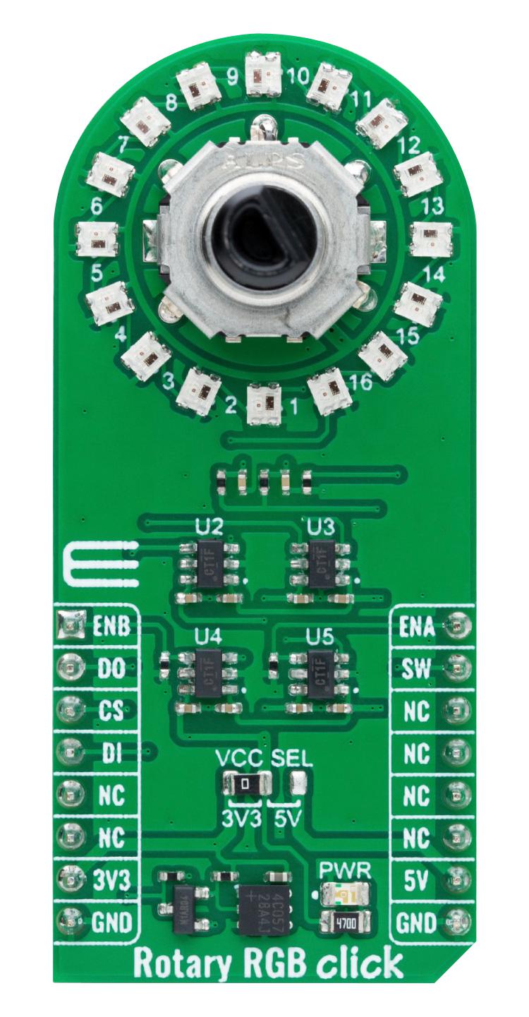 MIKROELEKTRONIKA MIKROE-6067 Add-On Board, Rotary RGB Click, WS2812B-2020, EC12D1564402, RGB LED, High-Quality Rotary Encoder