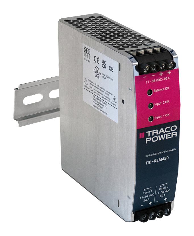 TRACO POWER TIB-REM480 Redundancy Module, AC/DC Power Supply, 11 to 56VDC, 60A Current Boost, DIN-Rail
