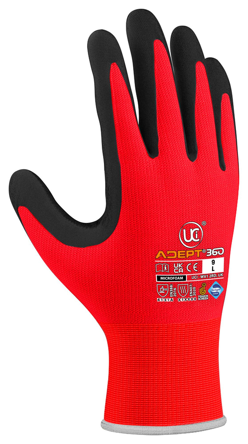 UCI G/ADEPT360-RED/11 Gloves, Oil Grip, Nylon (Polyamide), Spandex, Red, XXL