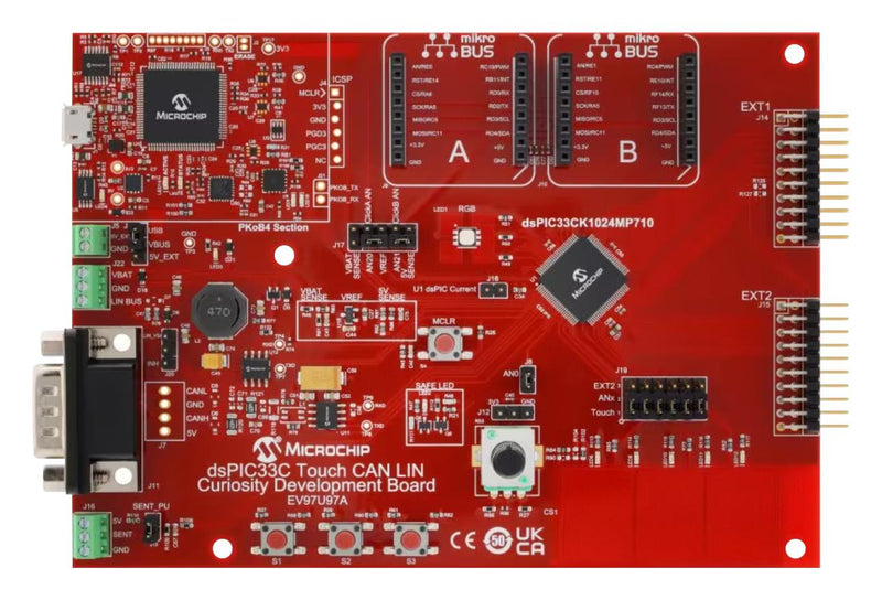 MICROCHIP EV97U97A Evaluation Board, Curiosity dsPIC, dsPIC33CK1024MP710-I/PT, MCU, 16bit, mikroBUS Click