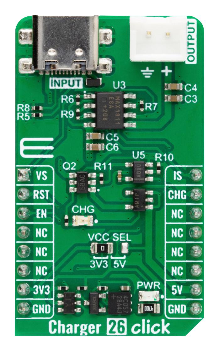 MIKROELEKTRONIKA MIKROE-5882 Add-On Board, Charger 26 Click, MAX1811, Battery Charger, GPIO, 3.3V/5V in
