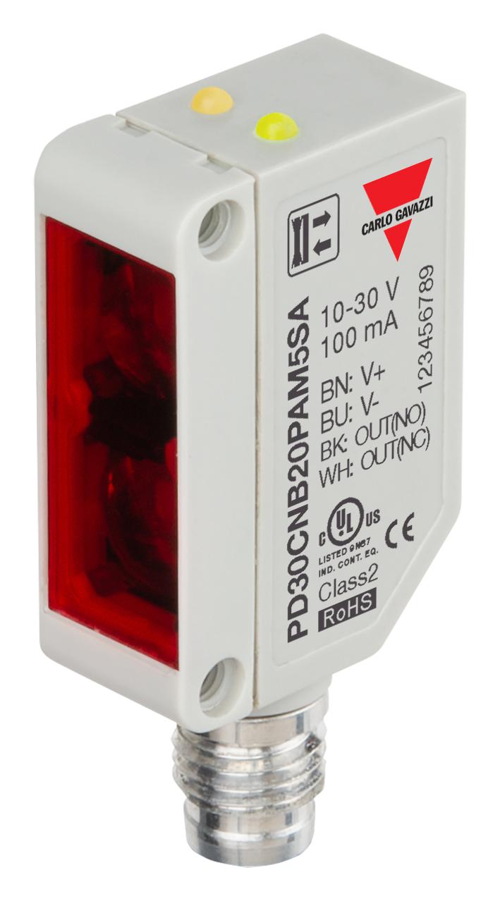 CARLO GAVAZZI PD30CNB20PAM5SA Photoelectric Sensor, 200mm, PNP/SPST-NO/SPST-NC, Diffuse Reflective/Background Suppression, 10-30V