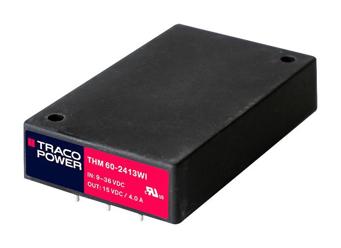 TRACO POWER THM 60-2413WI Isolated Through Hole DC/DC Converter, Medical, DIP, 4:1, 60 W, 1 Output, 15 VDC