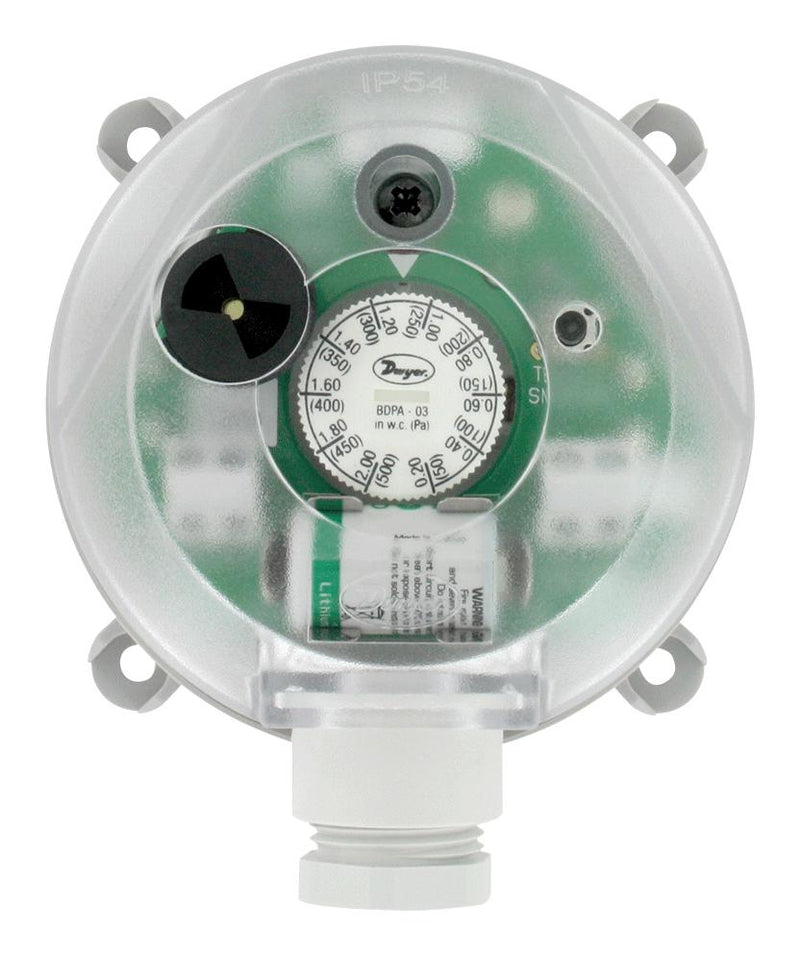 DWYER BDPA-08-2-N Pressure Switch, 1.5A/250VAC, M20, 0.08 Inch-H2O, 1.2 Inch-H2O, SPDT, Panel Mount, Screw
