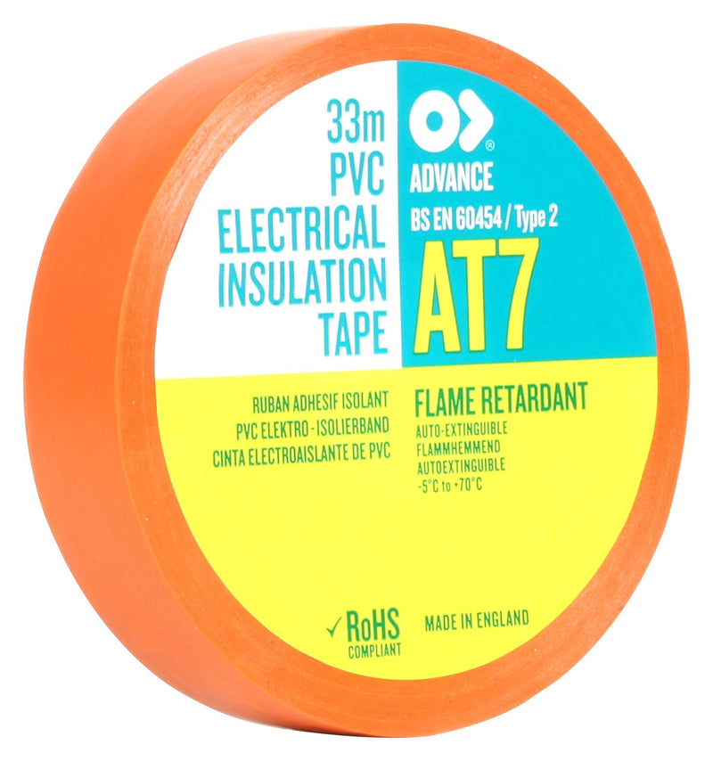 ADVANCE TAPES AT7 ORANGE 33M X 19MM Electrical Insulation Tape, PVC (Polyvinyl Chloride), Orange, 19 mm x 33 m