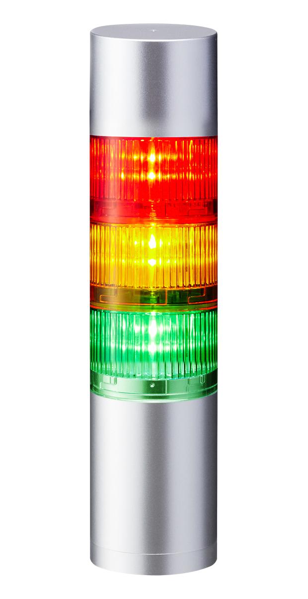 PATLITE LR6-302WJBU-RYG Signal Tower, 3 Tier, Green/Red/Yellow, 88 dB, Cable, Flashing, 4 Tone, 24 VDC, IP65/NEMA 4X/NEMA 13