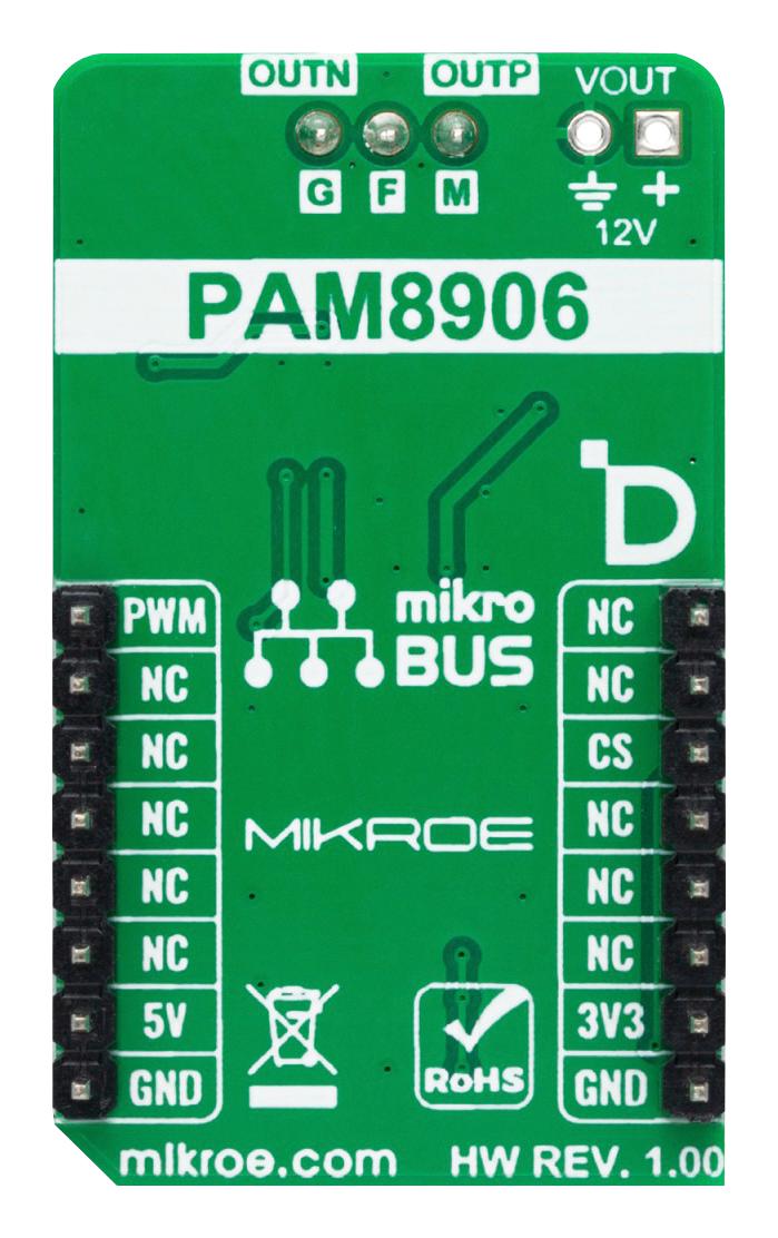 MIKROELEKTRONIKA MIKROE-5896 Add-On Board, Piezo Driver Click, PAM8906, Piezoelectric Sounder Driver, PWM, 3.3V/5V in