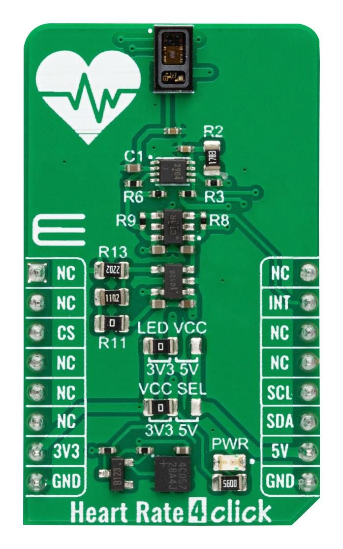 MIKROELEKTRONIKA MIKROE-5547 Add-On Board, Heart Rate 4 Click, MAX30101, Pulse Oximeter and Heart Rate Sensor, GPIO, I2C