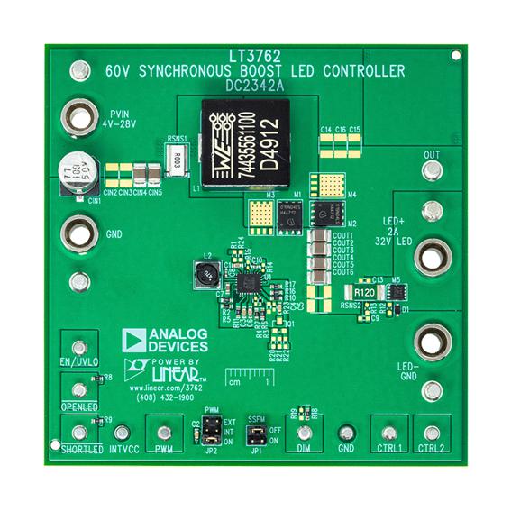 ANALOG DEVICES DC2342A Demo Board, LT3762EUFD, Boost (Step Up), 4V to 28V in, 32V out, 2A, 1 Outputs