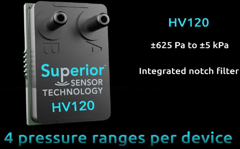 SUPERIOR SENSORS HV120 Pressure Sensor, Multi-range, 4 Pressure Ranges, 20 Inch-H2O, I2C Digital, SPI, Differential, 3.5 V HV120-SM02