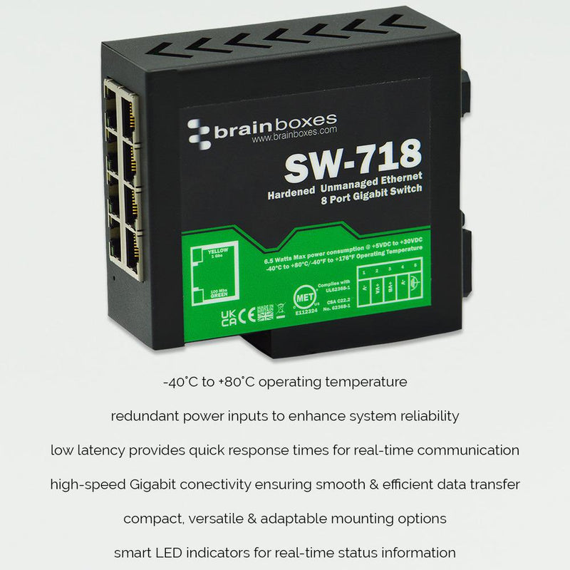 BRAINBOXES SW-718 Switch, Hardened, 8 Ports, Industrial, Gigabit Ethernet, DIN Rail, RJ45 x 8, 10Mbps, 100Mbps, 1Gbps GTIN UPC EAN: 0837324005110
