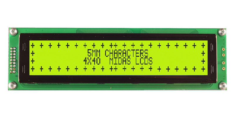 Midas Displays MC44005A6W-SPTLYI-V2 MC44005A6W-SPTLYI-V2 Alphanumeric LCD 40 x 4 Black on Yellow / Green 5V I2C English Japanese Transflective