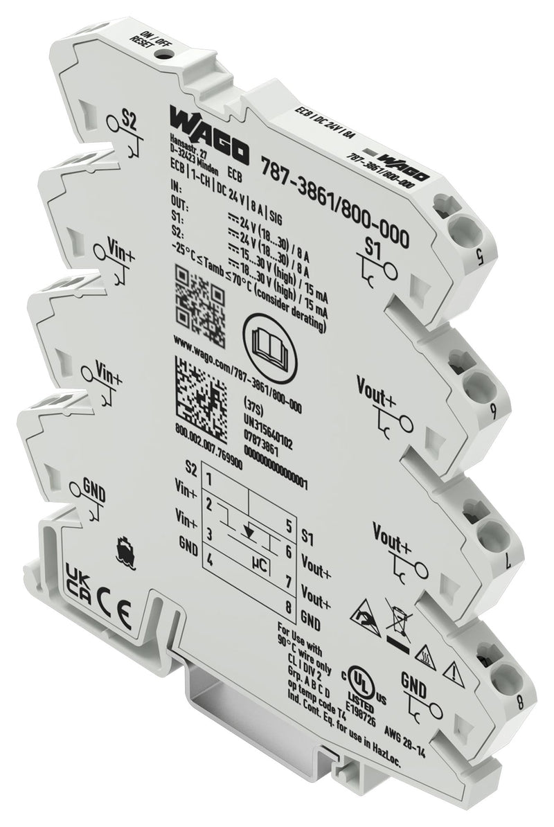 WAGO 787-3861/800-000 Electronic Circuit Breaker, 787 Series, 1 Pole, 24 VDC, DIN Rail, 8 A