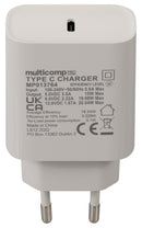 MULTICOMP PRO MP013764 AC/DC Power Supply, USB-C PD Mains Charger, ITE, 1 Output, 20 W, 5 V, 3 A, 9 V