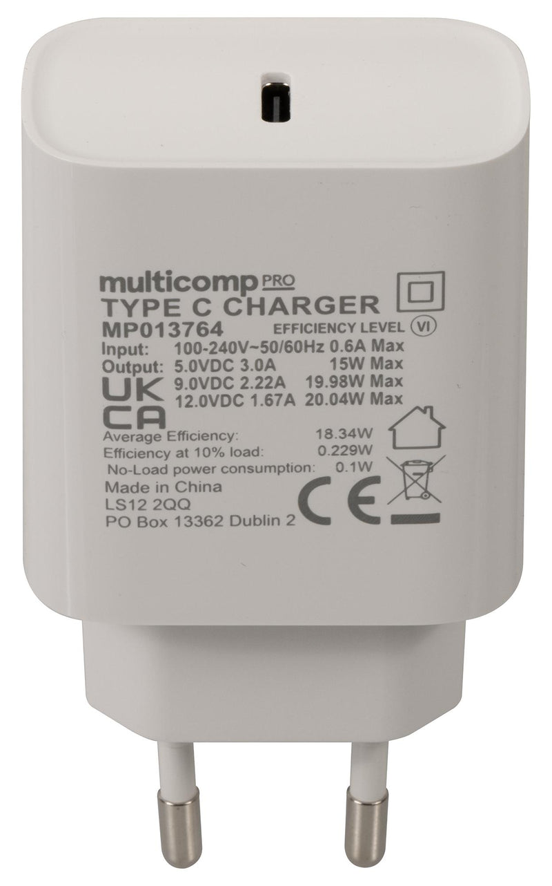 MULTICOMP PRO MP013764 AC/DC Power Supply, USB-C PD Mains Charger, ITE, 1 Output, 20 W, 5 V, 3 A, 9 V