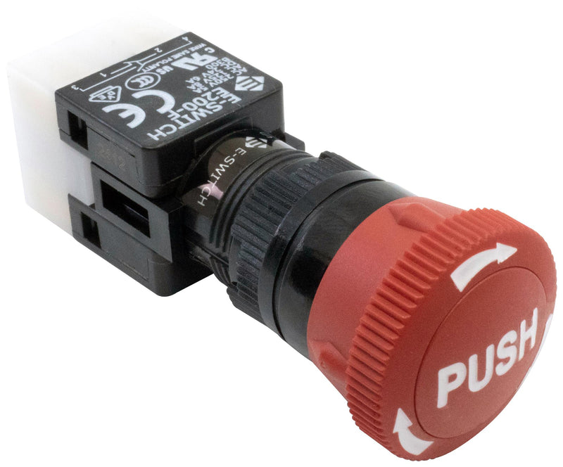 E-SWITCH E200-R22-C10R Emergency Stop Switch, Non-Illuminated, Red, DPST-NO, DPST-NC, Pushlock Turn Reset, Solder Lug, 8 A