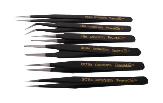 DURATOOL JS-555T. Tweezer Set, 2A/3C/OO/7/SS/4, Black Epoxy Powder Coated, Anti Magnetic Stainless Steel, 6 Pieces