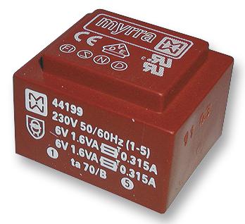 Myrra 44199 44199 PCB Transformer EI 38 Encapsulated Safety Isolating 230V 2 x 6V 3.2 VA 50Hz / 60Hz