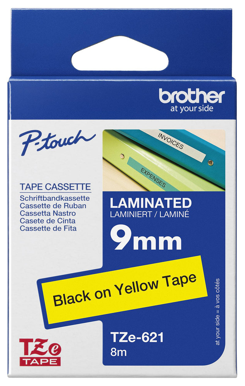 BROTHER TZE-621 Label Printer Tape, Adhesive-Laminated, Black on Yellow, 8 m x 9 mm