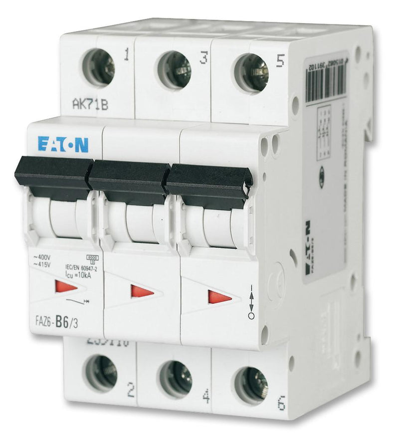 EATON MOELLER FAZ6-C32/3 Thermal Magnetic Circuit Breaker, C Type, FAZ, 32 A, 3 Pole, 400 VAC, DIN Rail, Panel
