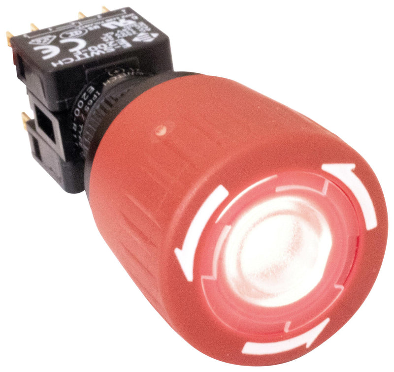 E-SWITCH E200-R11-A1KR Emergency Stop Switch, Illuminated, Red, DPST-NO, DPST-NC, Pushlock Turn Reset, Solder Lug, 8 A