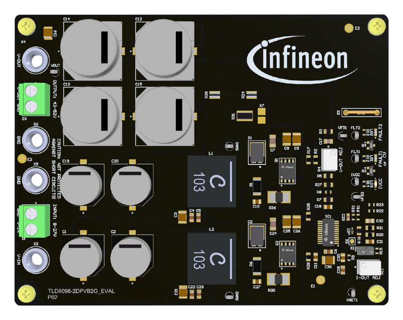 INFINEON TLD60982DPVB2GEVALTOBO1 Evaluation Board, TLD6098-2ES, 8V to 27V in, 52V out, 7A, Boost (Step Up), Analogue, Digital SP005914078