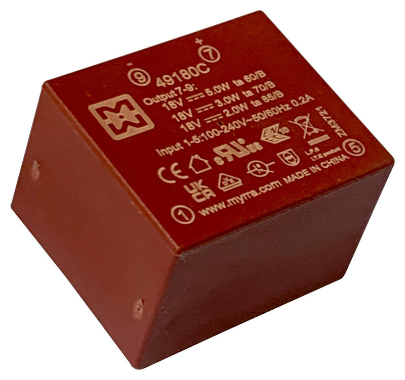 MYRRA 49180C AC/DC PCB Mount Power Supply (PSU), ITE & Household, 1 Output, 5 W, 18 VDC, 280 mA