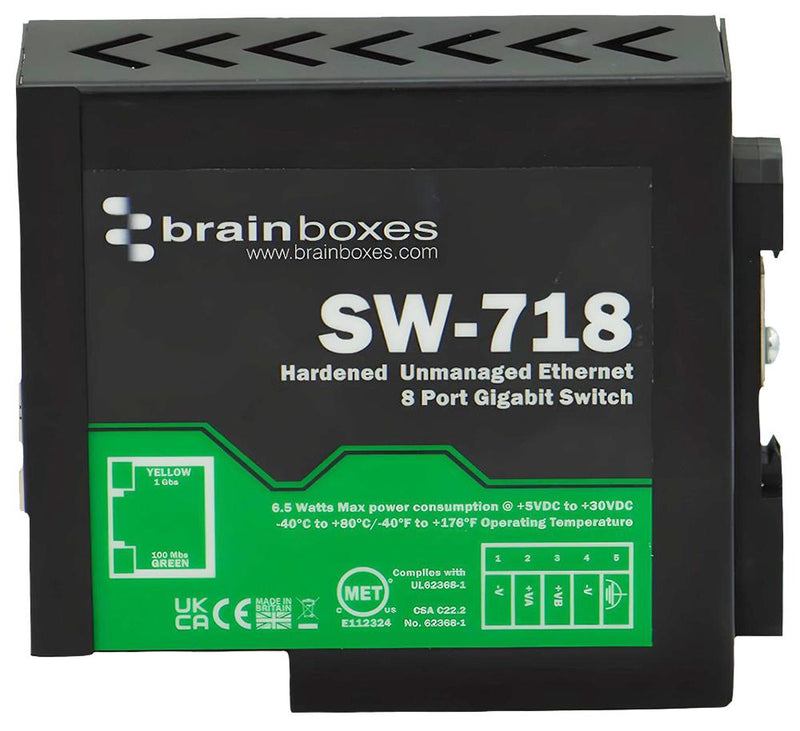 BRAINBOXES SW-718 Switch, Hardened, 8 Ports, Industrial, Gigabit Ethernet, DIN Rail, RJ45 x 8, 10Mbps, 100Mbps, 1Gbps GTIN UPC EAN: 0837324005110