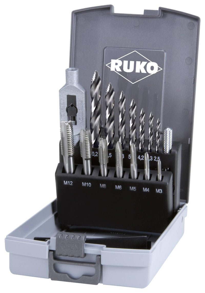 Ruko 259004RO 259004RO Hand Tap Set DIN 352 338 High Speed Steel M3 to M12 ABS Plastic Case 15 Pieces New