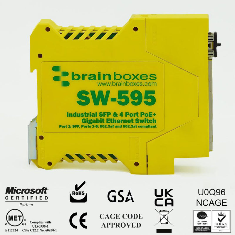 BRAINBOXES SW-595 Switch, 5 Ports, Industrial, Unmanaged PoE Gigabit Ethernet, DIN Rail, RJ45 x 4, SFP x 1 GTIN UPC EAN: 0837324005080