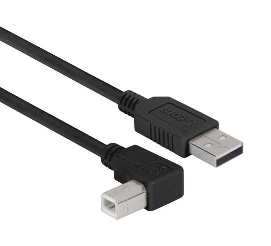 L-COM CAABLK-90LB-03M USB Cable, Type A Plug to 90&deg; Type B Plug, 300 mm, 11.8 ft, USB 2.0, Black