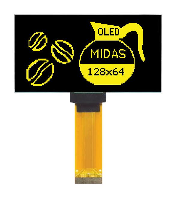 Midas MCOT128064HV-YM Graphic Oled 128 x 64 Pixels Yellow on Black 3V I2C Parallel SPI 60.5mm 37mm -40 &deg;C