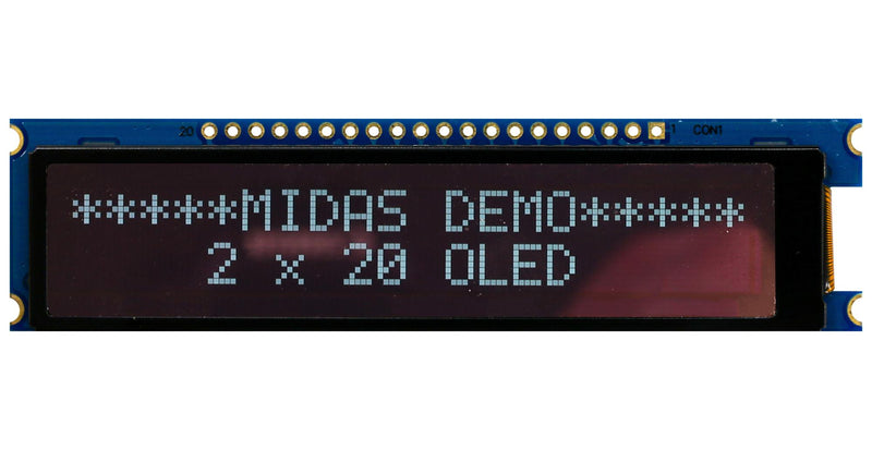 Midas MDOB22005B1V-EWM MDOB22005B1V-EWM Alphanumeric Oled 20 x 2 White on Black 3.3V Multi English Cyrillic Euro Japanese
