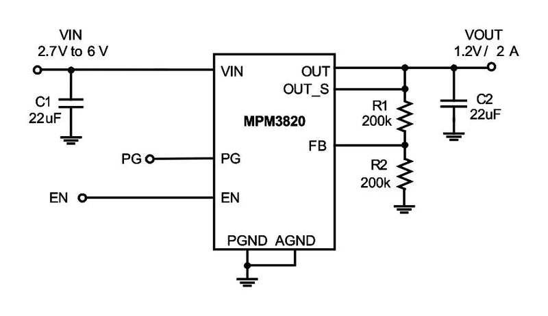 Monolithic Power Systems (MPS) MPM3820GQV-P DC/DC POL Converter Adjustable Synchronous Buck 1.2MHz 2.7V to 6V in 0.6V 6V/2A Out QFN-20