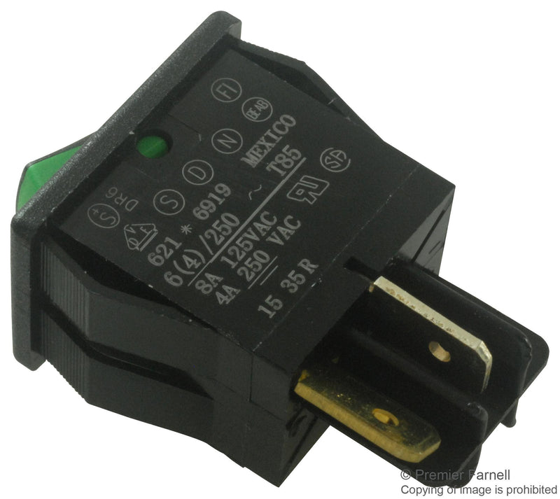 CARLING 6211691909G Rocker Switch, Non Illuminated, SPST, Off-On, Black, Green, Panel, 8 A