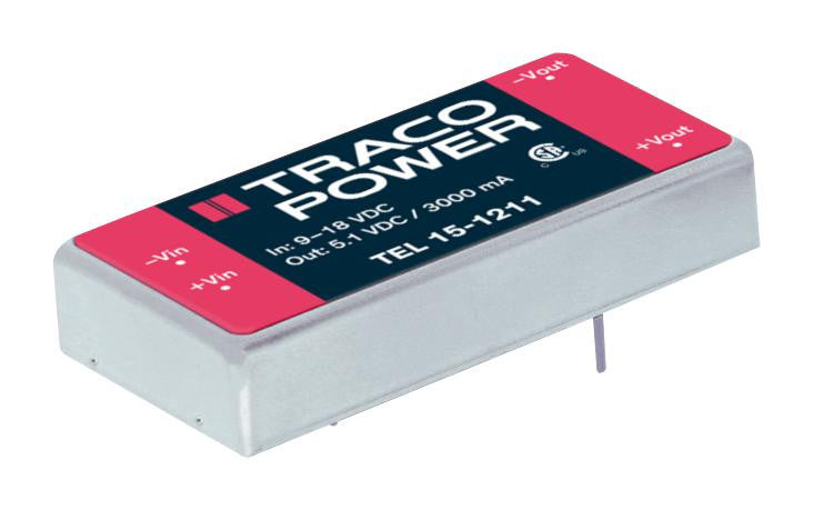 TRACOPOWER TEL 15-2411 Isolated Board Mount DC/DC Converter, Metal Case, 1 Output, 15 W, 5.1 V, 3 A