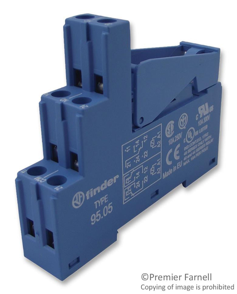 FINDER 95.05SPA Relay Socket, DIN Rail, Panel, Screw, 8 Pins, 10 A, 250 V