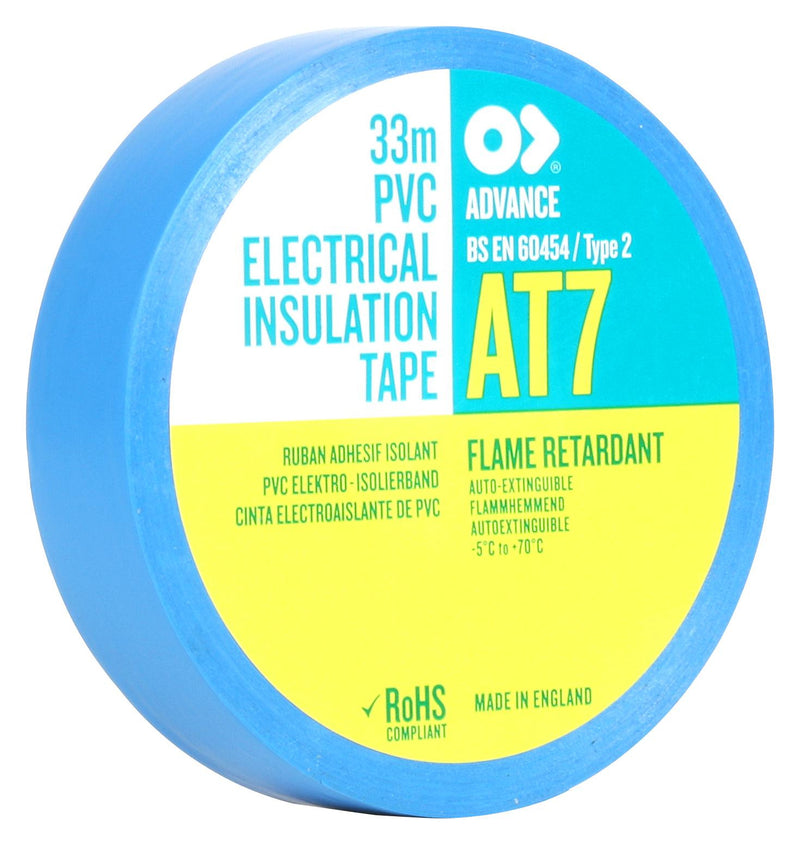 ADVANCE TAPES AT7 BLUE 33M X 19MM Tape, AT7, Insulating, PVC (Polyvinylchloride), 19 mm, 0.75 ", 33 m, 108.27 ft