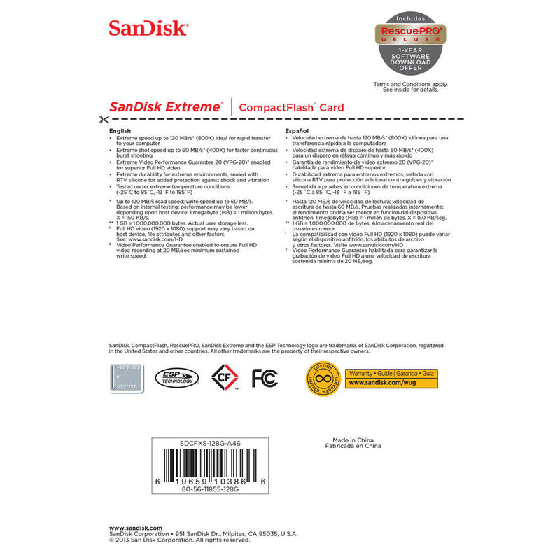 SanDisk 128 GB Extreme CompactFlash Memory Card