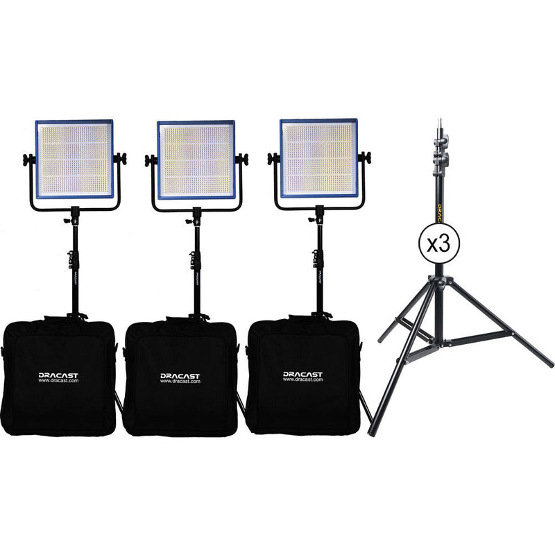 Dracast LED1000 Pro Daylight LED 3-Light Kit with V-Mount Battery Plates and Stands