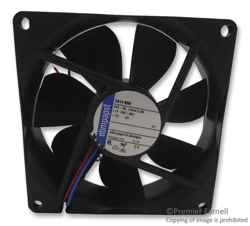 EBM-PAPST 3414NHH Axial Fan, 3400N Series, IP54, IP68, 24 V, DC, 92 mm, 25 mm, 39 dBA, 60 cu.ft/min