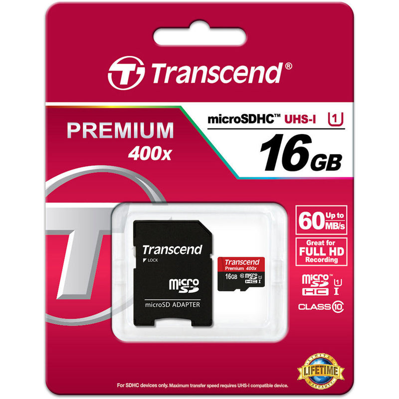 Transcend 16GB Premium 400x microSDHC UHS-I Memory Card with SD Adapter