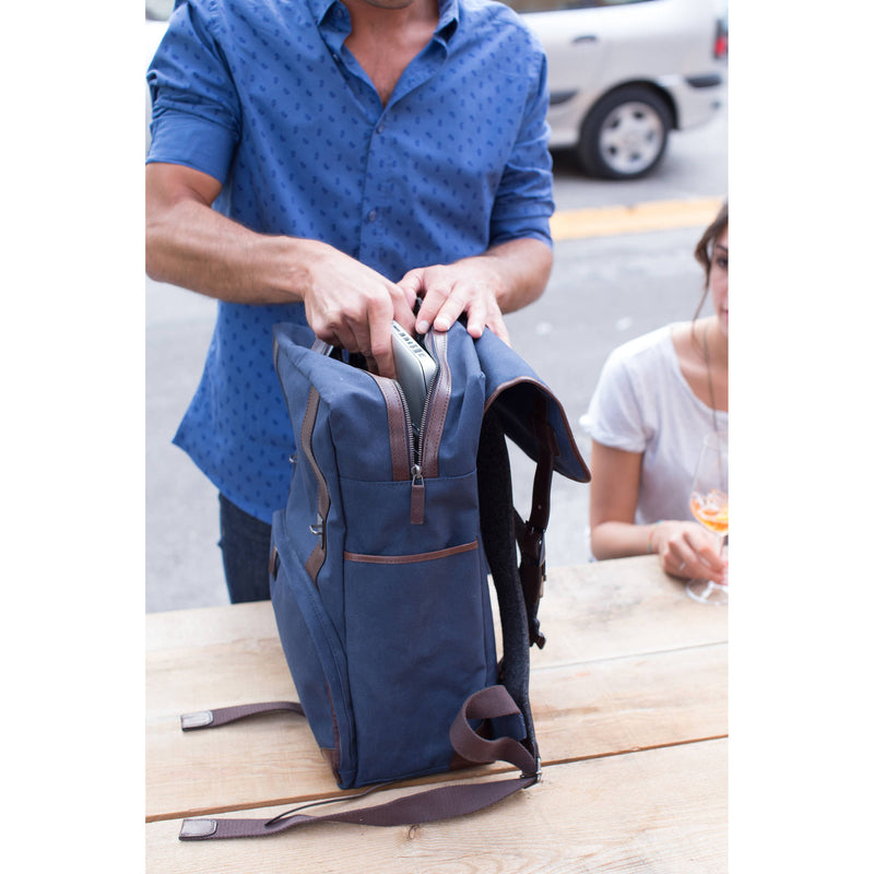 Barber Shop Mop Top Camera Backpack (Canvas & Leather, Blue & Dark Brown)