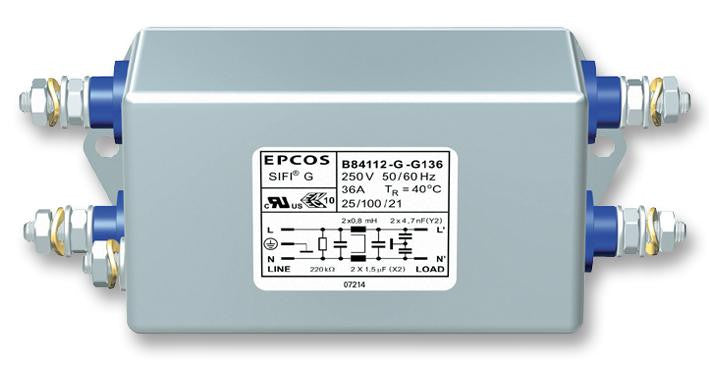 EPCOS B84112G0000G136 Power Line Filter, Chassis, 1.5 &micro;F, 250 V, 36 A, Standard, Stud, 800 &micro;H