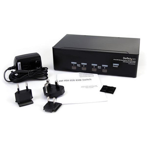 StarTech 4-Port DVI + VGA Dual Monitor KVM Switch with Audio & USB Hub (Black)