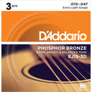 D'Addario EJ15-3D Extra Light Phosphor Bronze Multi-Pack Acoustic Guitar Strings (6-String Set, 10 - 47, 3-Pack)