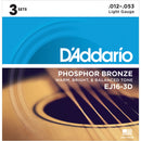 D'Addario EJ16-3D Light Phosphor Bronze Multi-Pack Acoustic Guitar Strings (6-String Set, 12 - 53, 3-Pack)