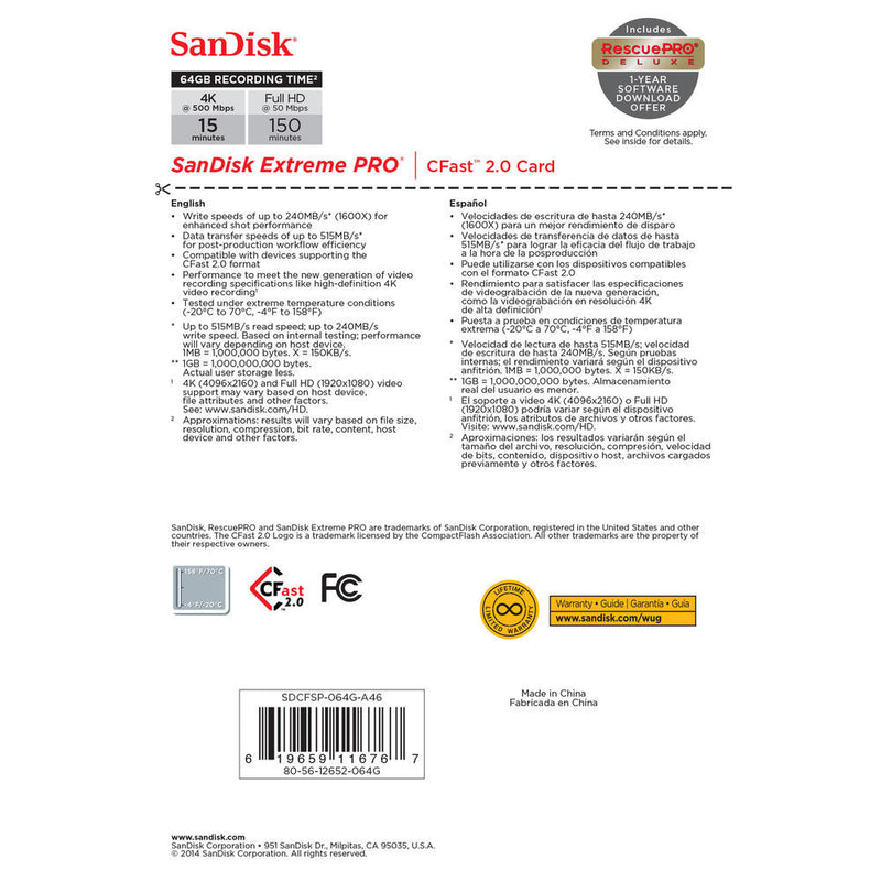 SanDisk 64GB Extreme PRO CFast 2.0 Memory Card (Canon & Blackmagic Cameras)