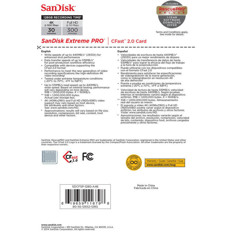 SanDisk 128GB Extreme PRO CFast 2.0 Memory Card (Canon & Blackmagic Cameras)